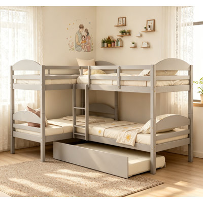 Twin L-Shaped Bunk Bed With Trundle In Gray, Durable Pine Construction, Perfect For Family And Guest Accommodation