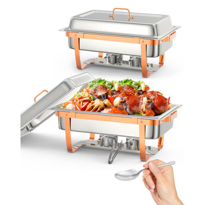 Rose Gold Rectangle Chafing Dish Set of 2 – 8QT Stainless Steel Buffet Warmer with Lid Stand