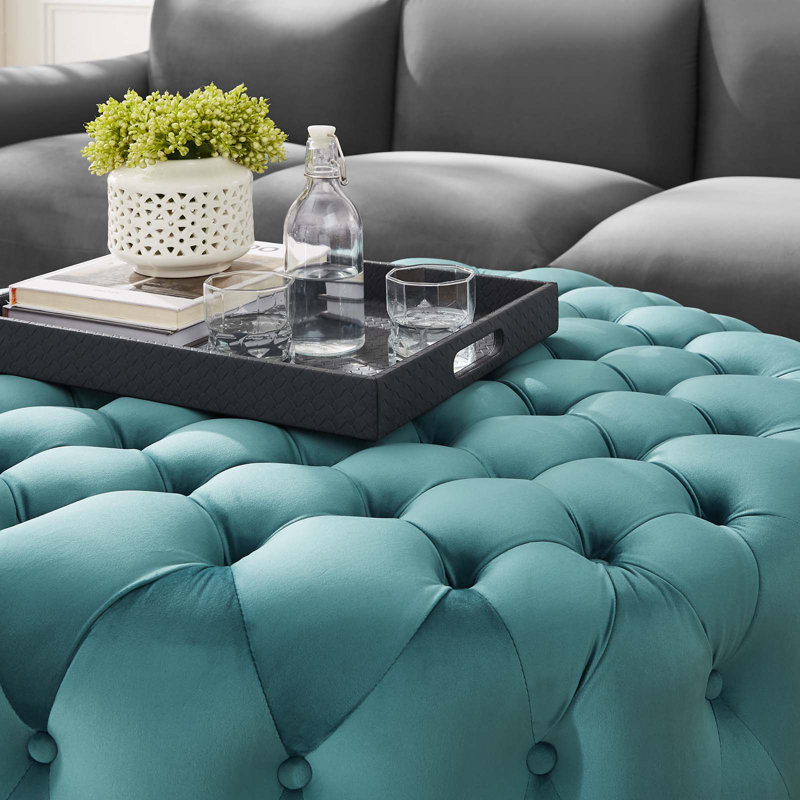 Amour Sea Blue Velvet Tufted Round Ottoman, 40"