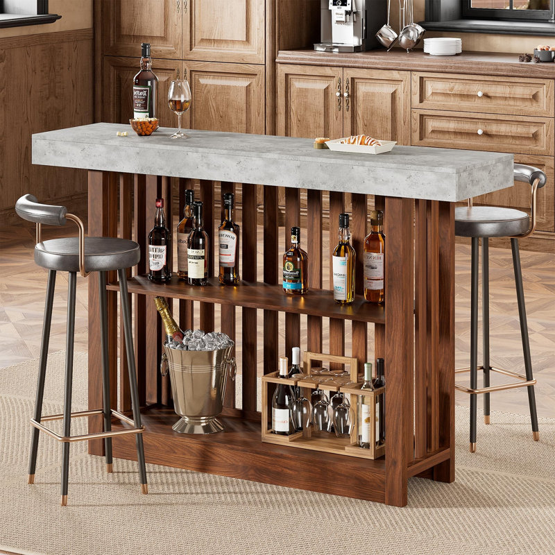Table de bar à hauteur de comptoir de 63 po de style industriel avec tablettes de rangement à 2 niveaux, gris et ciment
