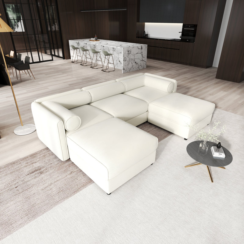 Élégant canapé en chenille avec siège de rangement et repose-pieds, dossier cylindrique en U et accoudoirs, canapé contemporain en tissu avec compartiment de rangement caché