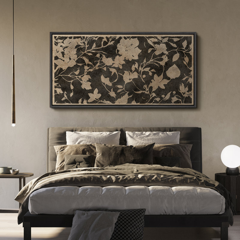 Abstract Botanical Vintage Floral Pattern in Landscape Retro Decor Extra Large Artwork Wall Art, 30" H x 60" W, Black