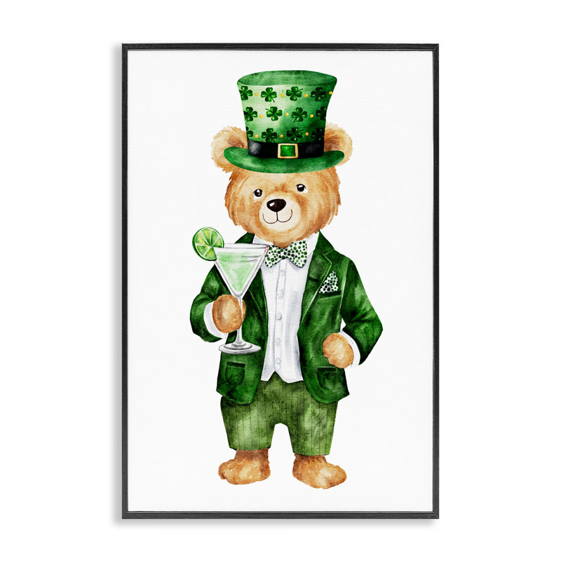 Giclée encadrée d'ours et de cocktail de la Saint-Patrick par Amy Hall, H 24 po x l 16 po, Giclée encadrée noir minuit