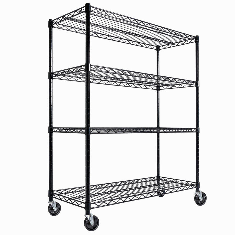 Étagères de rangement robustes en métal avec roulettes l 55,5 po x P 24 po x H 80 po, 4 niveaux réglables, capacité de 2400 lb, étagère de garage, rangement industriel roulant, noir