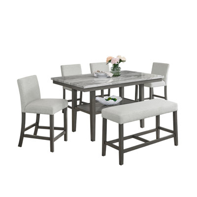 Selena 6-Piece 60" Rectangular Gray Faux Marble Counter Height Dining Set With Storage Shelf, Light Gray Upholstered Chairs & Bench