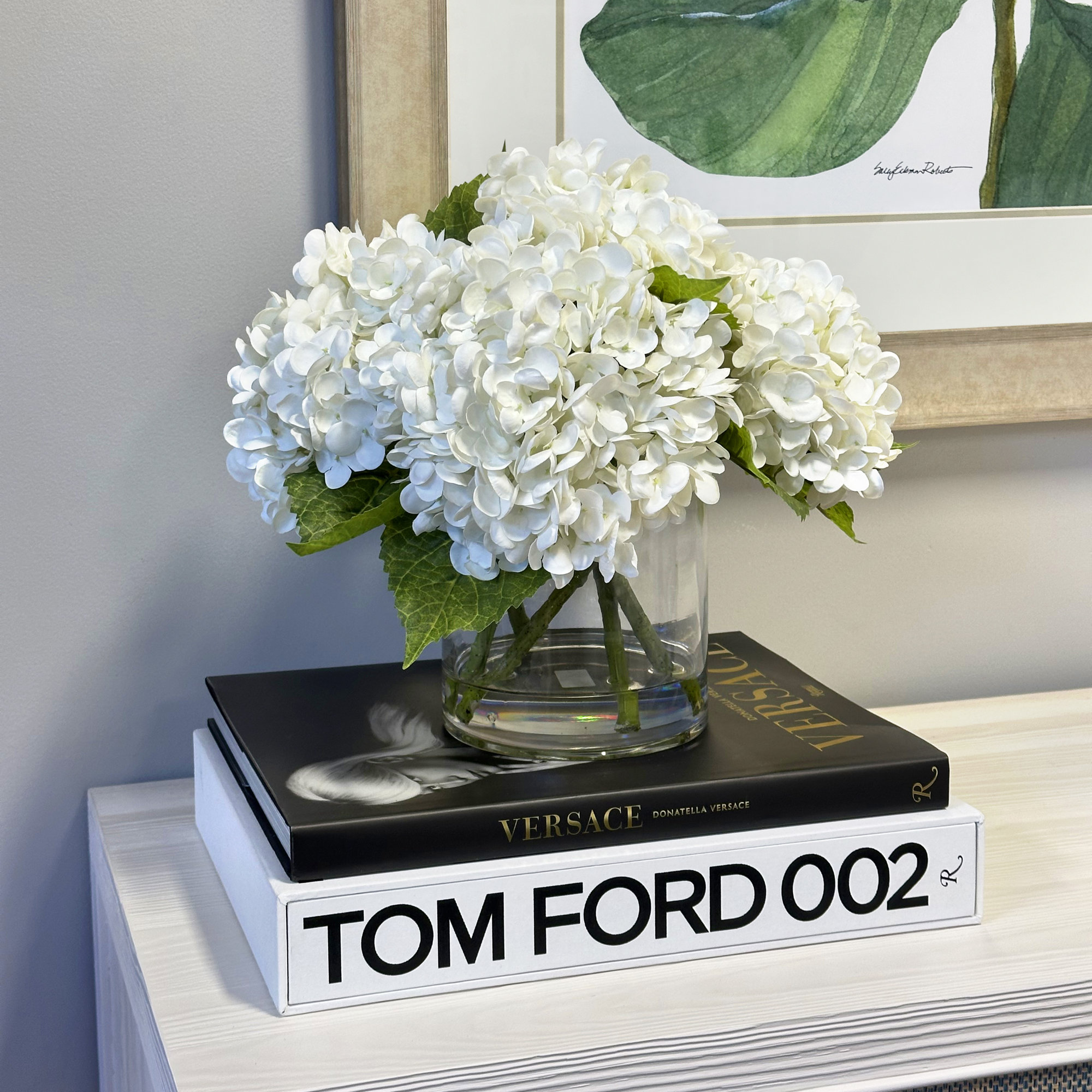 Faux Hydrangea Arrangement in Vase, White