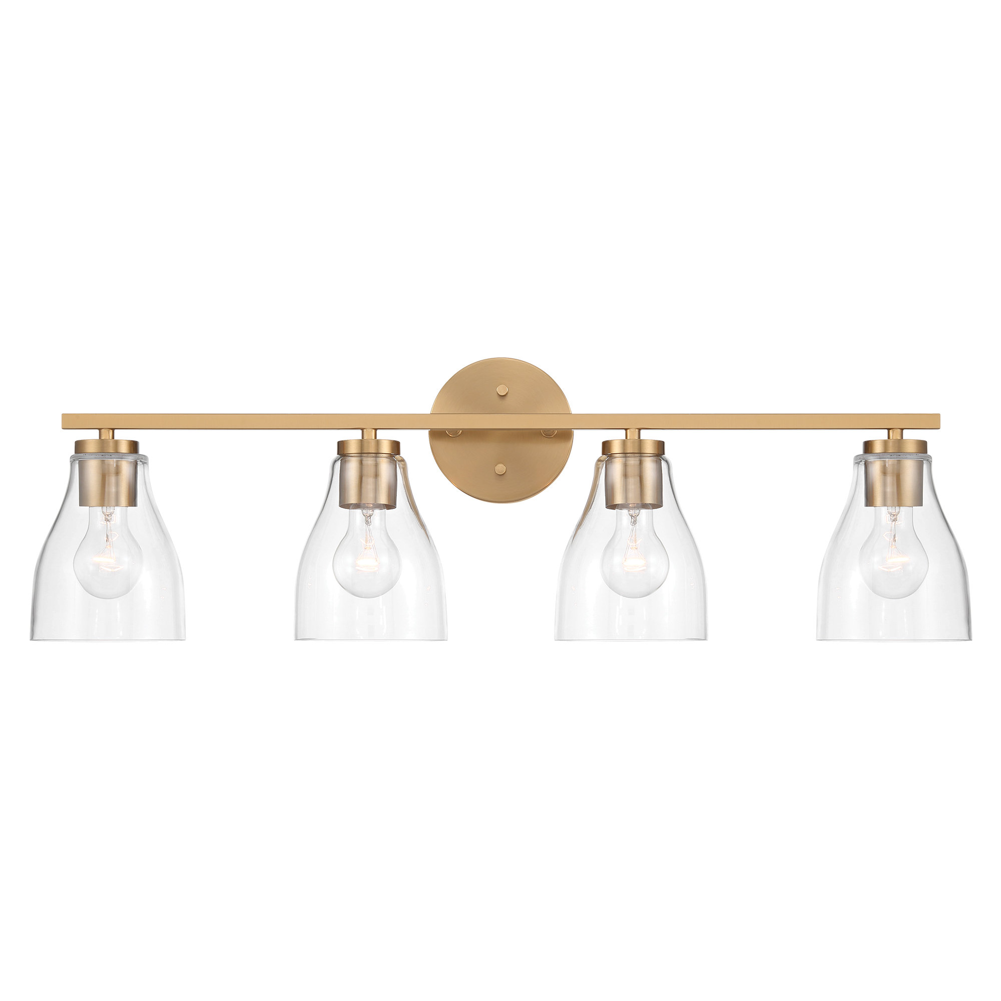Modern Clear Glass Shade Vanity Wall Light With Steel Frame, 4 Lights, Gold, 10" H x 31.7" W x 6.5" D