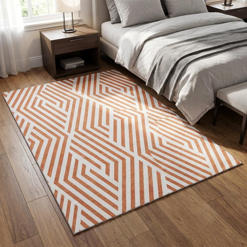 Tapis lavable géométrique rouille et ivoire 3 pi x 5 pi avec protection UV