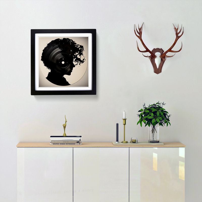 Vinyl Record Silhouette - Single Picture Frame Print on Wood, Black