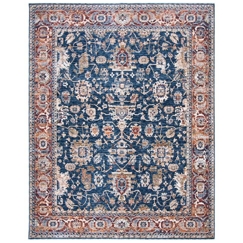Tapis bleu foncé / rouge en polyester tissé à la machine Ralph Lauren Bennet, Rectangle 6 pi x 9 pi