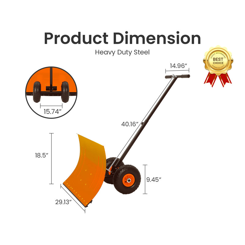 Snow Shovel with Wheels, Heavy Duty Steel Snow Pusher with 5-Position Angled Blade, Ergonomic & Back-Saving Design, Perfect for Driveway, Doorway & Sidewalk