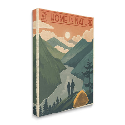At Home In Nature Phrase Camping Tent Mountains Oversized Stretched Canvas Wall Art by Janelle Penner