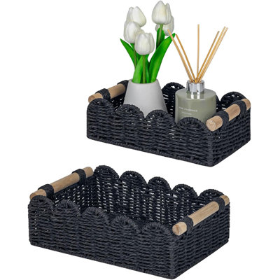 Ensemble de 2 petits paniers en corde de papier à bord festonné noir