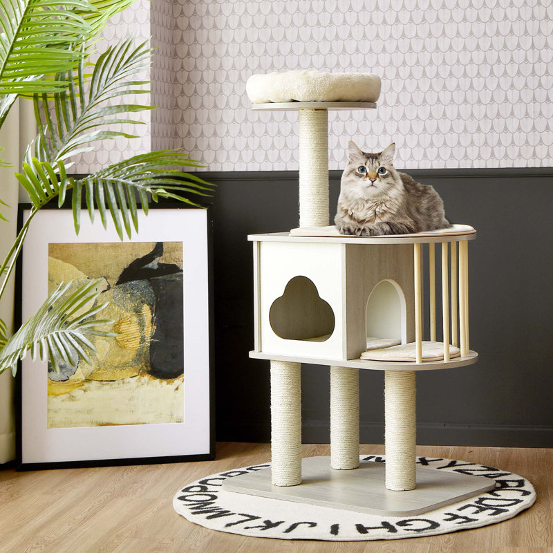 46'' Gray Wooden Cat Tree with Sisal Posts and Cushions