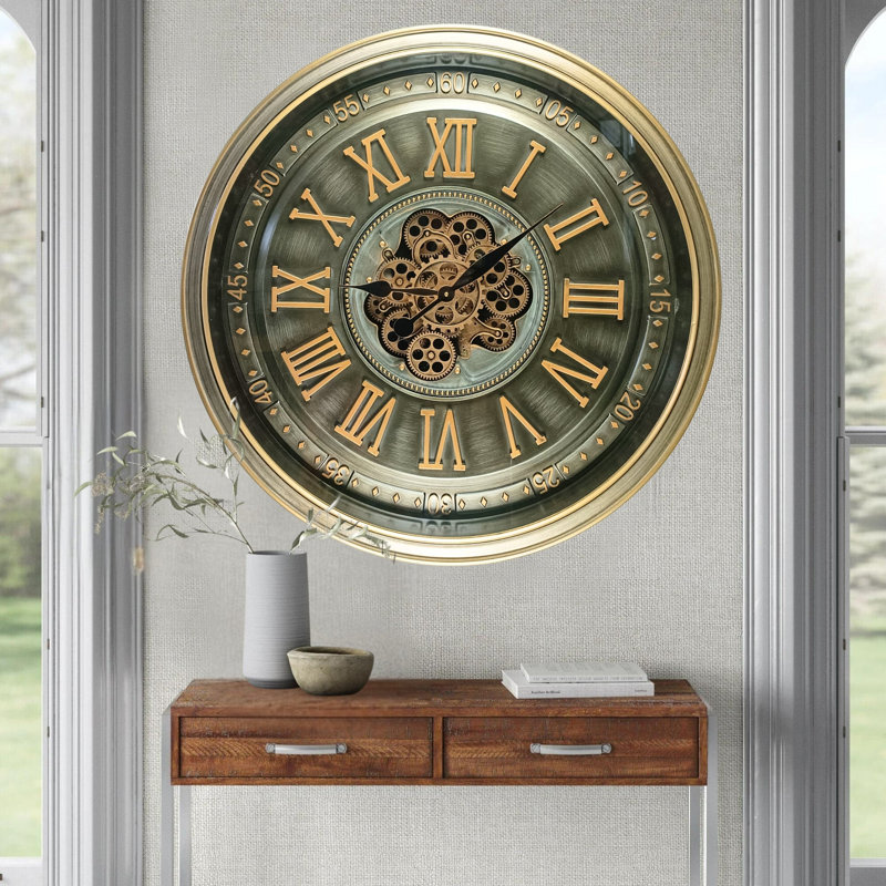 THE GEARS CLOCK Wall Clock with Real Moving Gears IR-LI_ 32 in Round BRASS-ANTIQUE
