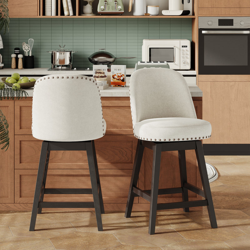 Vintage Upholstered Swivel Bar Stool with Solid Wood Legs, Beige