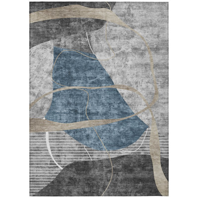 5' X 8' Gray And Charcoal Abstract Washable Indoor Outdoor Area Rug
