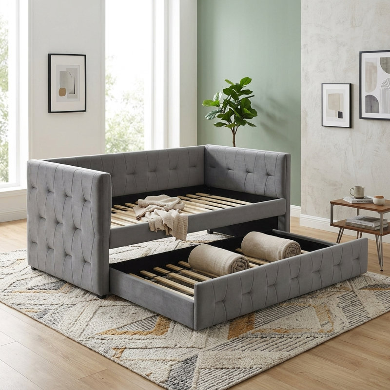 Wade Tufted Teddy Velvet Upholstered Wooden Daybed with Trundle, Dark Gray
