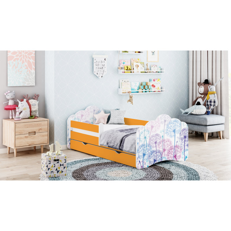 Racine European Toddler Bed Frame with Drawers, Orange, 56.5 x 70 x 140cm
