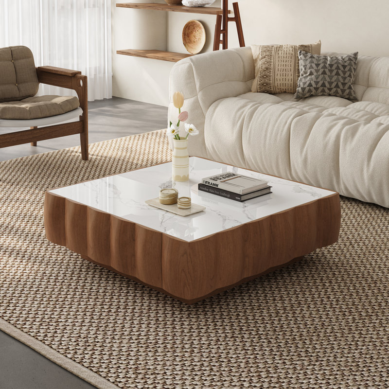 Table basse moderne carrée 35,43 po avec plateau en pierre frittée et tiroirs doubles, finition noyer