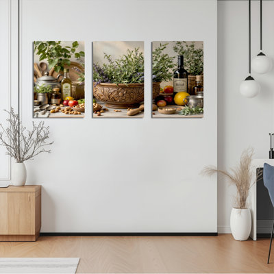 Herbal Kitchen Still Life Canvas Wrapped Wall Art Oil Painting Print Set Of 3