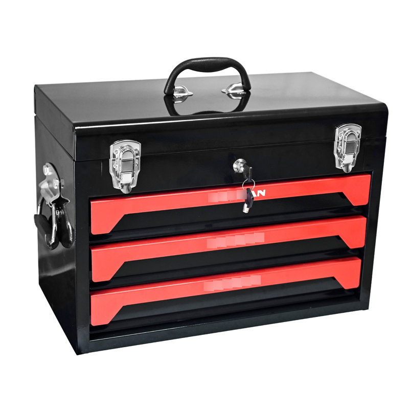 Boîte à outils 20 po à 3 tiroirs en acier, noir et rouge, glissière à roulement, loquet en métal, option de rangement polyvalent portable noir et rouge, fabrication fiable