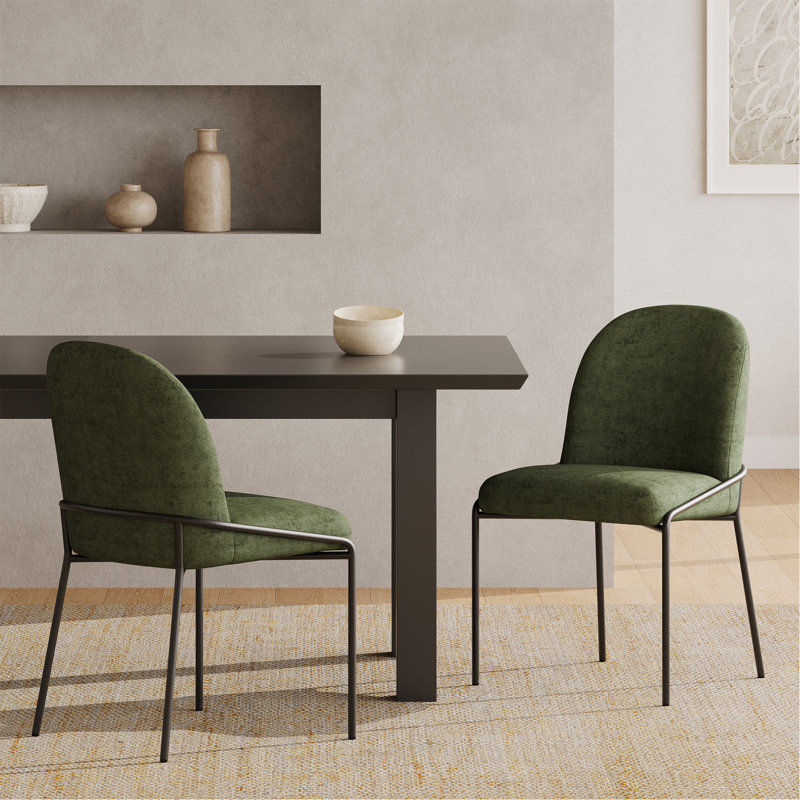 Chaise de salle à manger moderne avec tissu en polyester texturé en lin vert doux, structure en fer de couleur bronze, ensemble de 2, vert