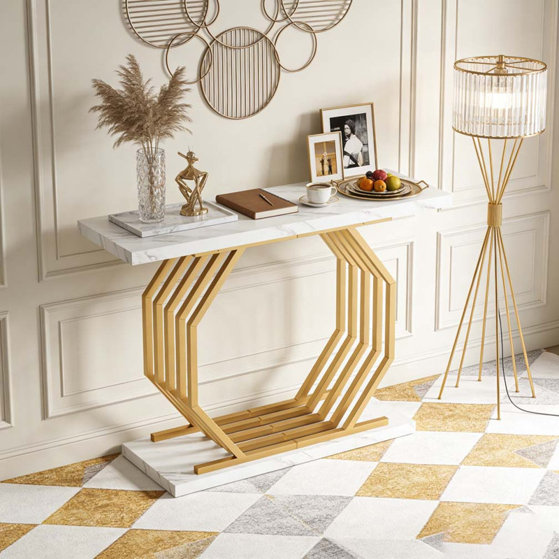 Faux Marble Console Table Accent Sofa Table with Geometric Metal Base, White & Gold