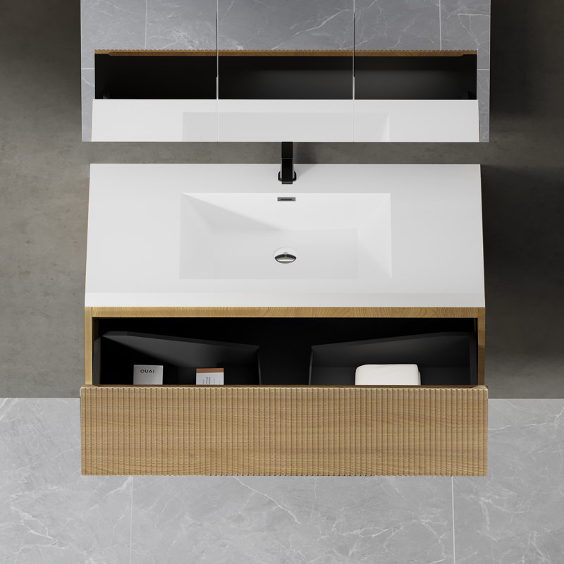 Meuble-lavabo flottant mural moderne 36 po en chêne naturel avec plateau en résine blanc brillant, 36"