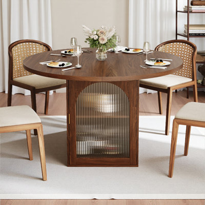 Table de salle à manger ronde 47,2 pouces avec armoire de rangement, base à piédestal moderne, portes en verre nervuré