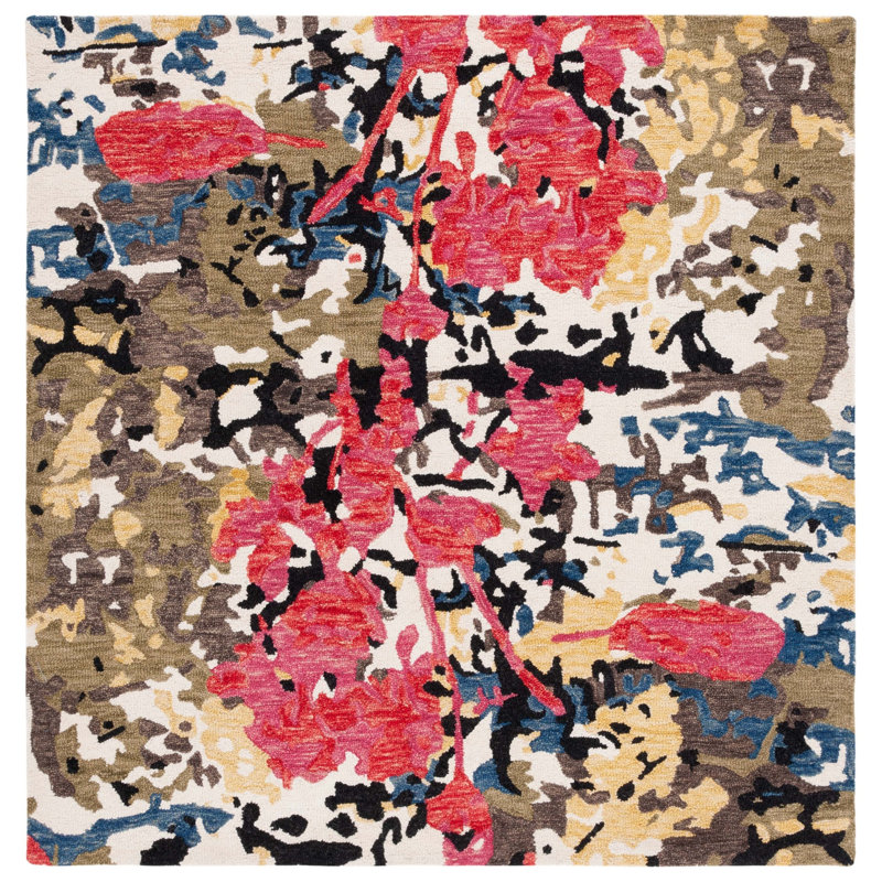 Kayshia Hand Tufted Wool/Cotton Abstract Rug in Green/Ivory, Square 6'