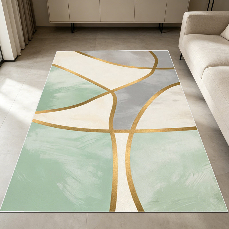 1PC Modern Abstract Sage Green Gold Geometric Watercolor area rugs for Living Room, Soft and Comfortable, Suitable for all seasons, easy-to-maintain, machine washable Indoor floor mat, Under Table Farmhouse suitable for dining room, bedroom,