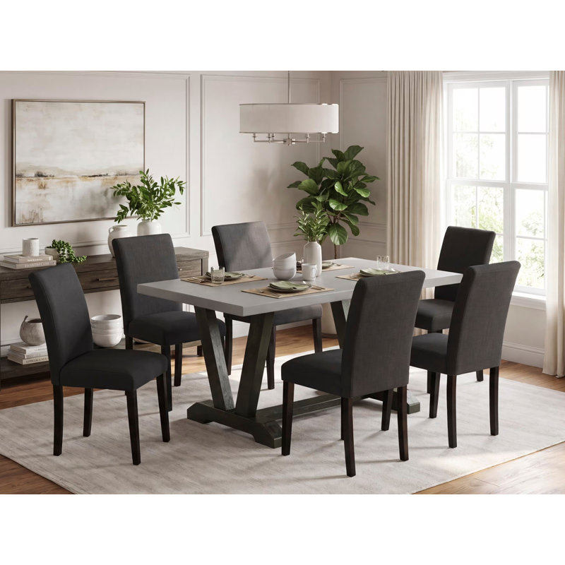 7 Piece Dining Table Set Consists of a Cement Rectangle Kitchen Table with V-Legs and 6 Black Linen Fabric Upholstered Chairs, Wire-Brushed Black Finish