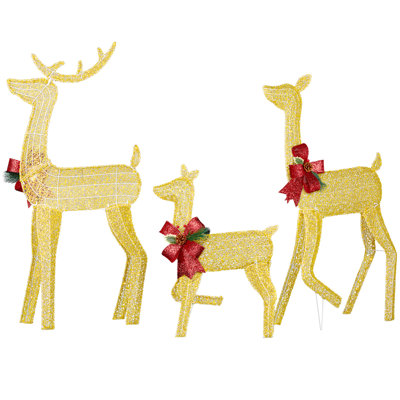 Festive Golden Lighted Reindeer Set Of 3, Outdoor 2D Flat-Back Christmas Decor With 200 Warm White Leds & Ground Stakes