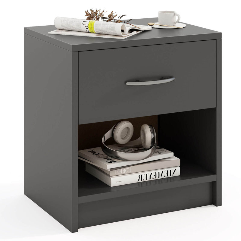  Modern Nightstand Bedside Table With Drawer Open Storage Shelf For Small Spaces , Grey