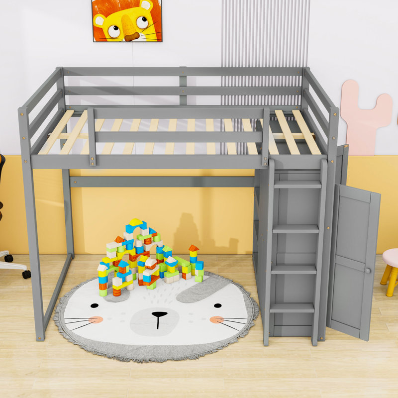 Lit mezzanine double en bois avec garde-robe, éclairage à DEL et tablettes de rangement, gris