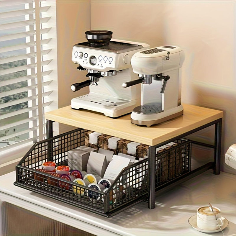 Organisateur de comptoir pour la cuisine avec tiroir et panier grillagé - Tablette en bois franc robuste pour cafetière - Design peu encombrant - noir