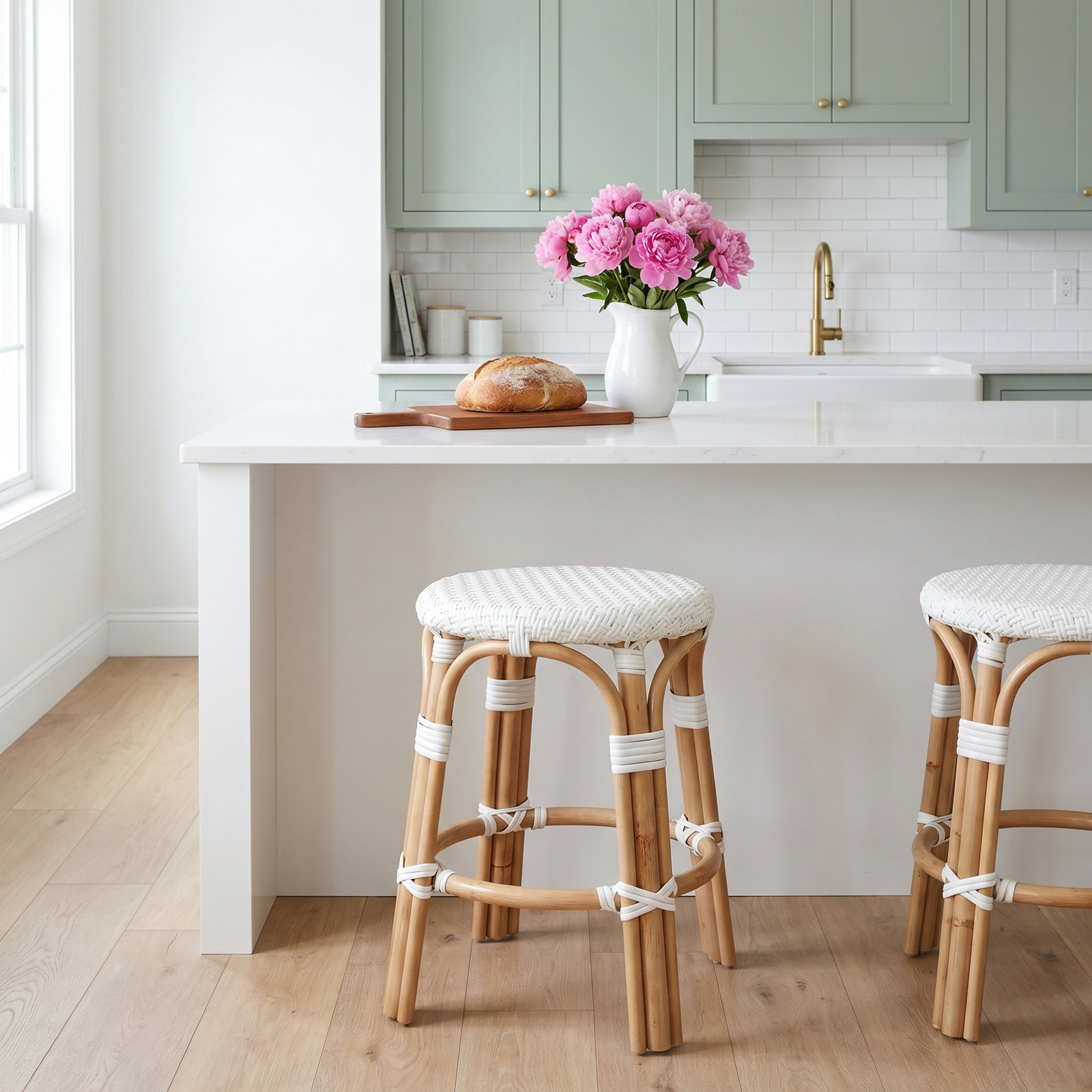 Alastair 18" Bar Stool, Glossy White/Natural Rattan Frame