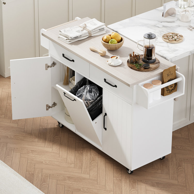 Mobile Kitchen Island With Storage Cabinet, Drop Leaf Countertop - White Hidden Trash Can Storage, Foldable Leaf, Spice Rack, Towel Bar,
