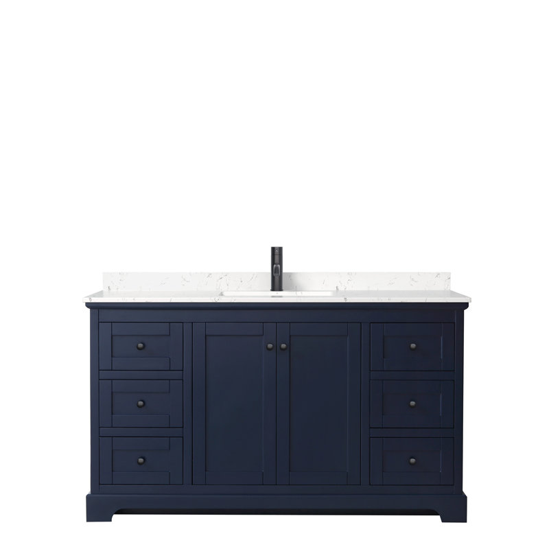 Avery 60'' Single Bathroom Vanity with Top, White Cultured Marble, Dark Blue, Matte Black