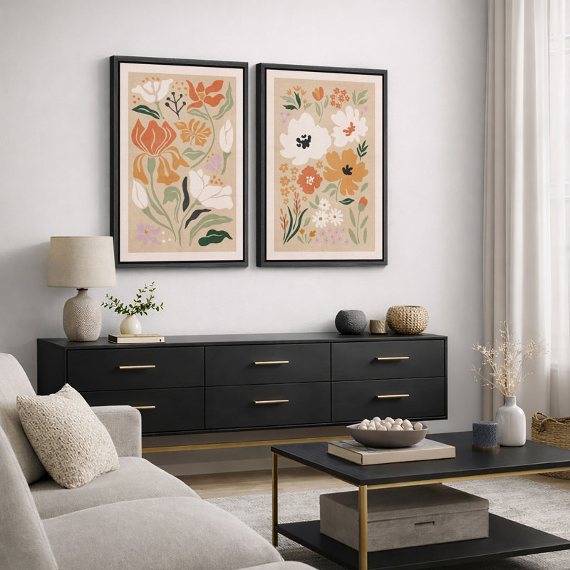 Abstrait botanique, "Œuvre florale bohème orange et verte vibrante, images murales de campagne française moderne, ensemble de 2 impressions murales sur toile,"