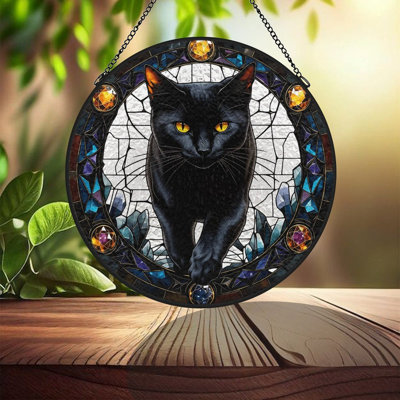 Chat noir avec vitrail de bijoux en vitrail pour fenêtre