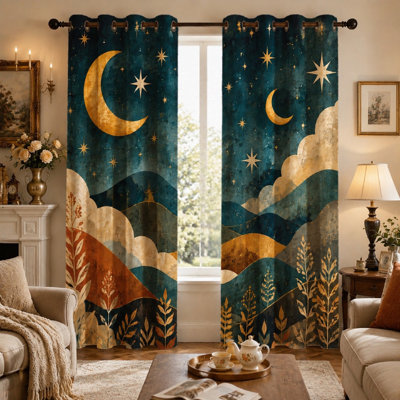 Rideaux de tapisserie 2 pièces, motif lune et étoiles célestes, paysage abstrait, style bohème, pour chambre, salon, décoration intérieure.