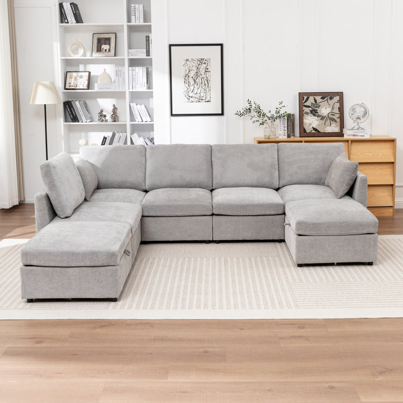 Canapé modulaire en U rembourré en X avec deux repose-pieds de rangement Miller, Gris, H 33 po x l 112 po x P 80 po
