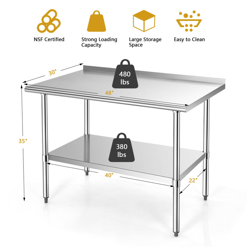 Table en acier inoxydable Gymax 48 po x 24 po pour préparation et travail, H 35 po x l 48 po x P 30 po