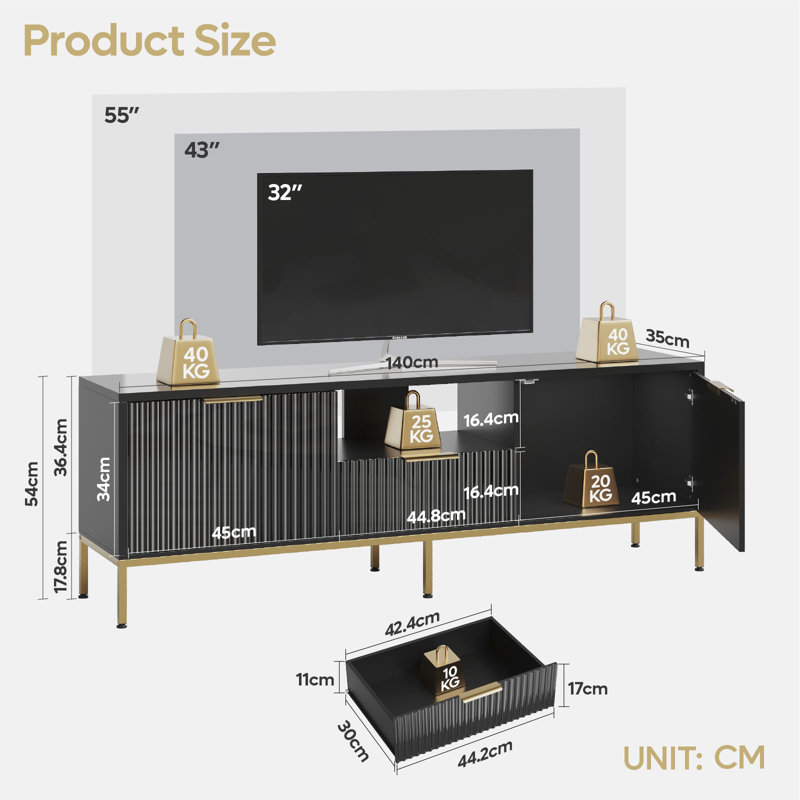 Fluted TV Stand, Glossy Media Console with Wave Pattern Buffet Cabinet, Black, 54cm H x 140cm W x 35cm D