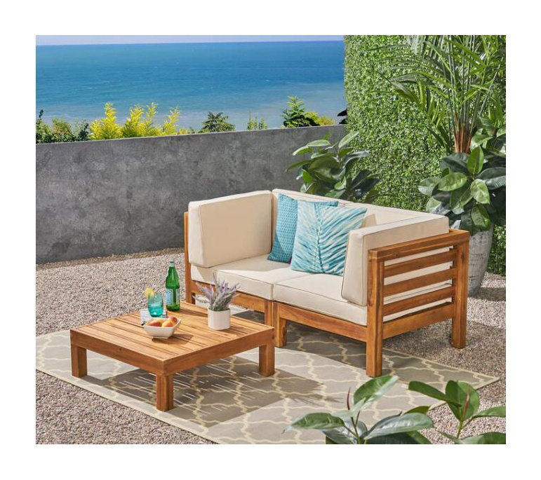 Ensemble de causeuse en bois d'acacia 3 pièces avec table basse et coussins beiges Oana, Beige, Bois naturel