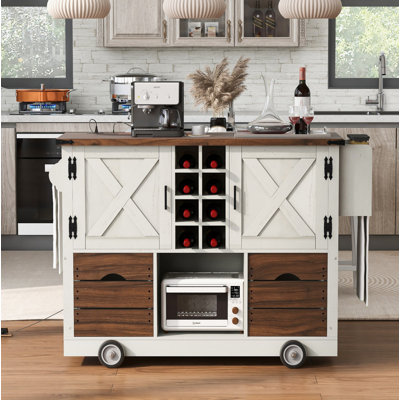 Îlot de cuisine de 54 po avec abattant, prise de courant, chariot de rangement pour cuisine avec 2 portes, 2 tiroirs, îlot de cuisine sur 4 grandes roulettes avec support à épices pour la cuisine, la salle à manger, blanc