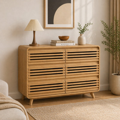Commode cannelée à 6 tiroirs, commodes larges avec grille et design incurvé, glissières de commode préinstallées, grand organisateur de tiroir en bois pour le couloir de la chambre à coucher