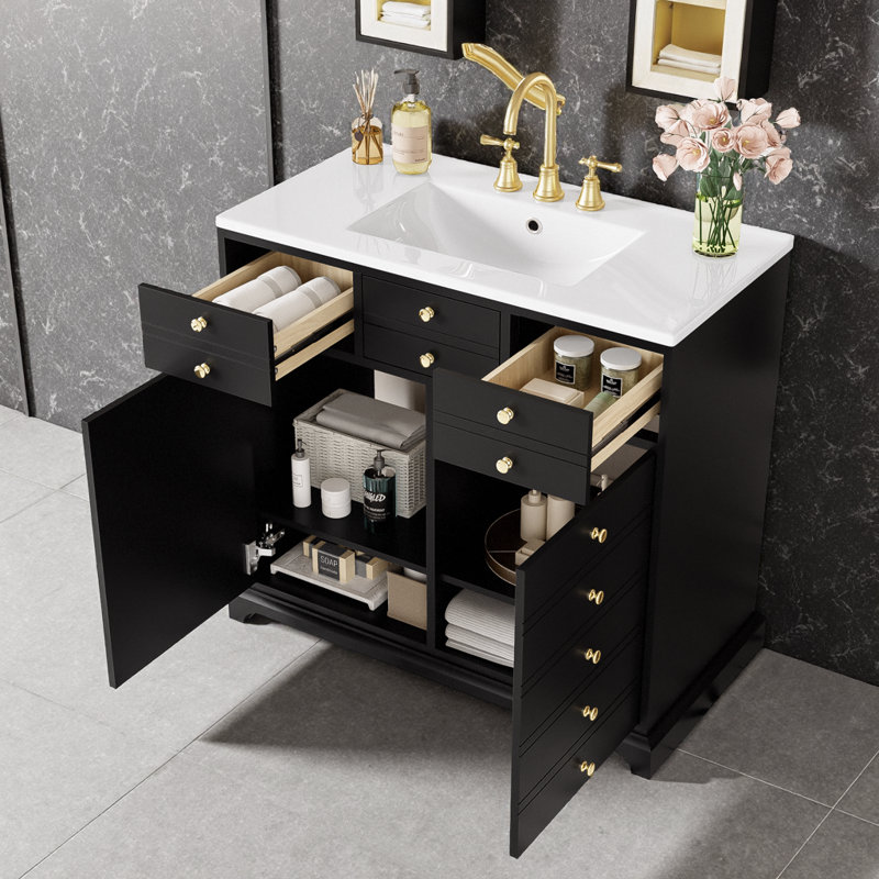 Meuble-lavabo noir 36 po avec lavabo en céramique et structure en bois massif, 2 tiroirs à fermeture en douceur et beaucoup de rangement
